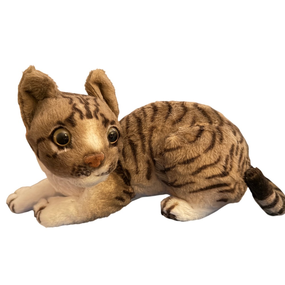 Brown white Tabby Cat Plush Toy Small Realistic Eyes New